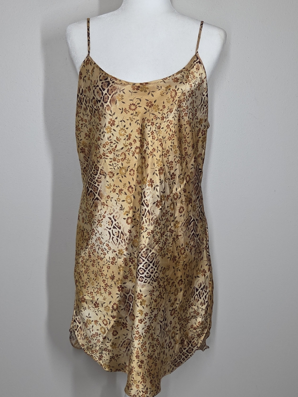 Vtg Y2K Leopard Floral Satin Mini Slip Dress L Fairy Grunge Boho Festival
